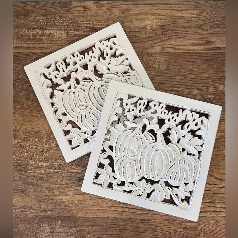 White Decorative Pumpkin Fall Blessings Distressed Wood Trivets Set of‎ Two